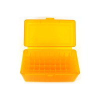 FS Reloading Plastic Ammo Box Medium Rifle 50 Round Translucent Amber FS Reloading Plastic Ammo Box Medium Rifle 50 Round Translucent Amber