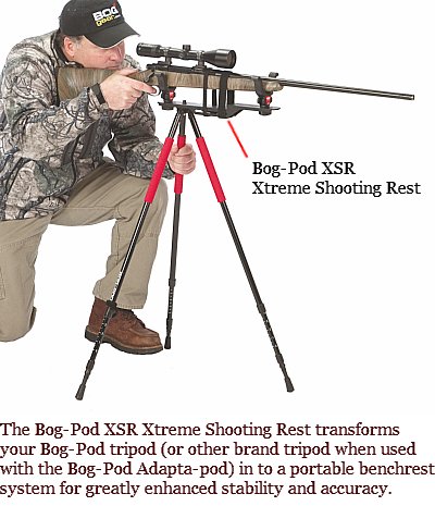 The Bog-Pod XSR Xtreme Shooting Rest installed on a Bog-Pod tripod supporting a rifle The Bog-Pod XSR Xtreme Shooting Rest installed on a Bog-Pod tripod supporting a rifle